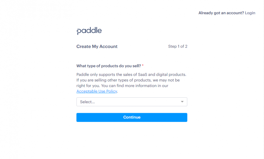 Screenshot of Paddle Sign-up - Choosing type of business