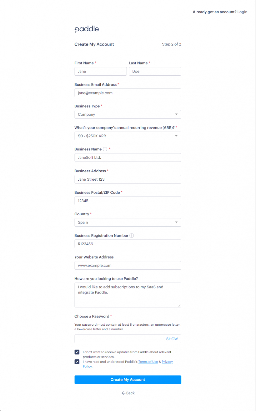 Screenshot of Paddle Sign-up - Business information