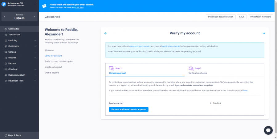 Screenshot of Paddle Sign-up - Domain verification