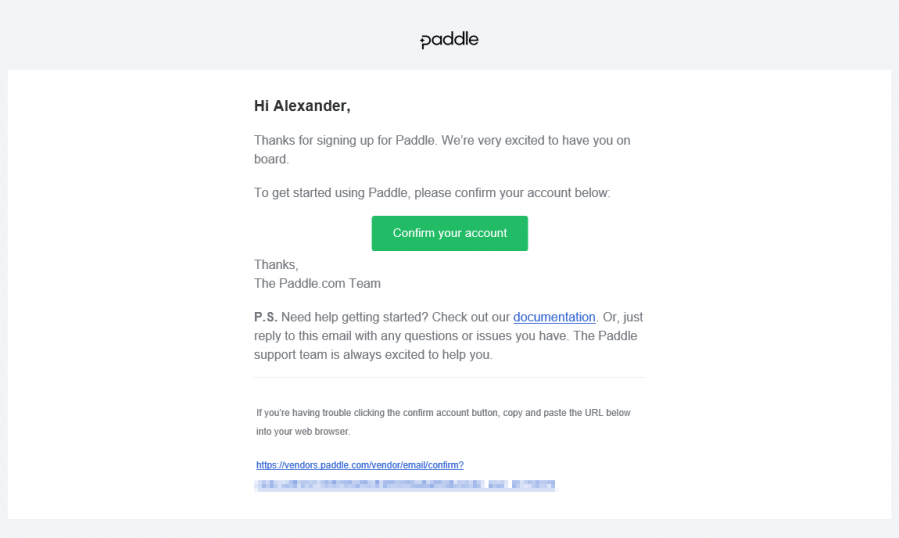 Screenshot of Paddle Sign-up - Email to confirm your account