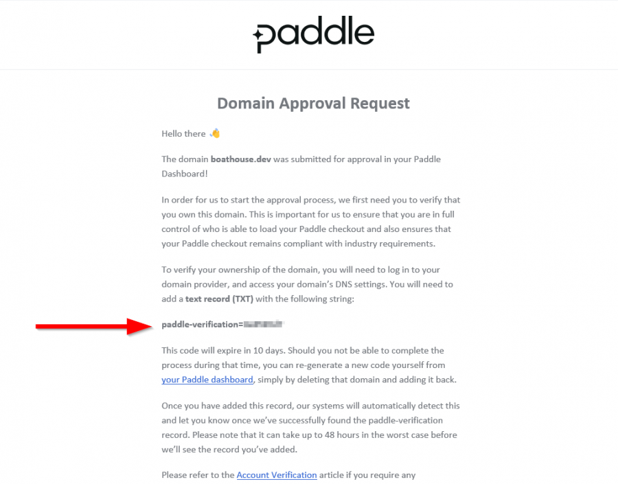 Screenshot of Email from Paddle with your domain verification code