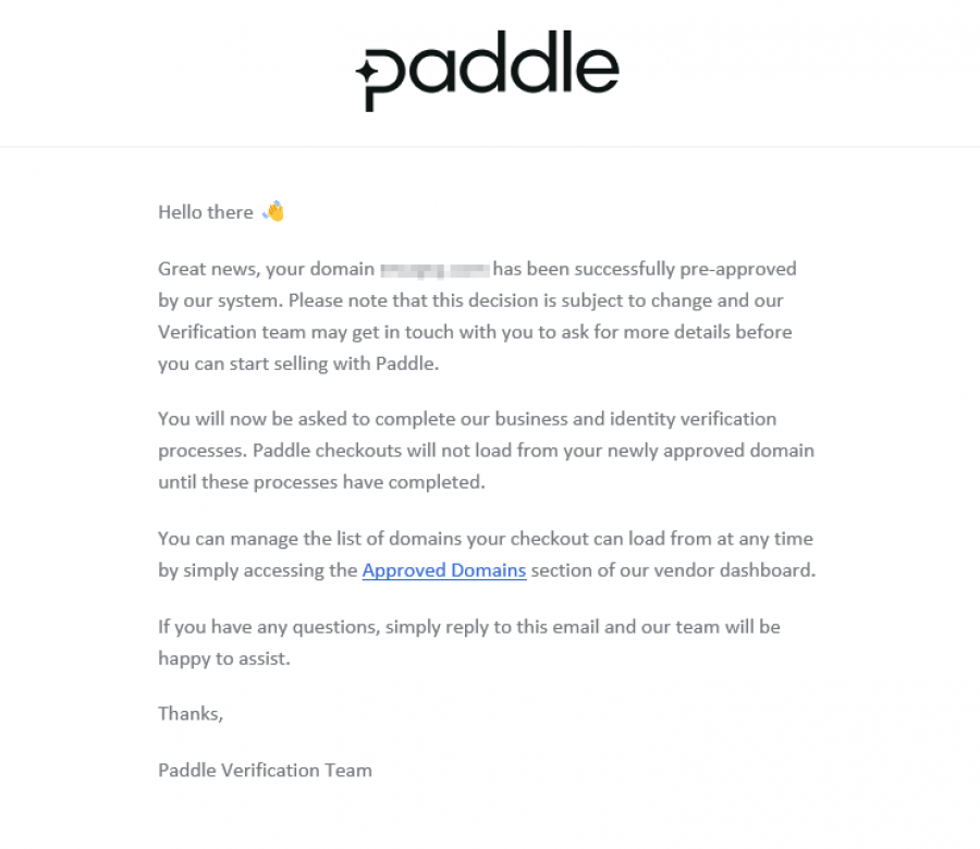 Screenshot of Email from Paddle with Confirmation of Domain Ownership