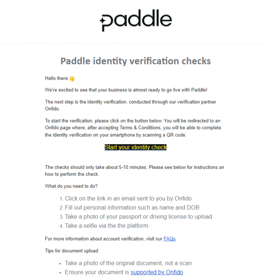 Screenshot of Email from Paddle to Initiate Identity Verification