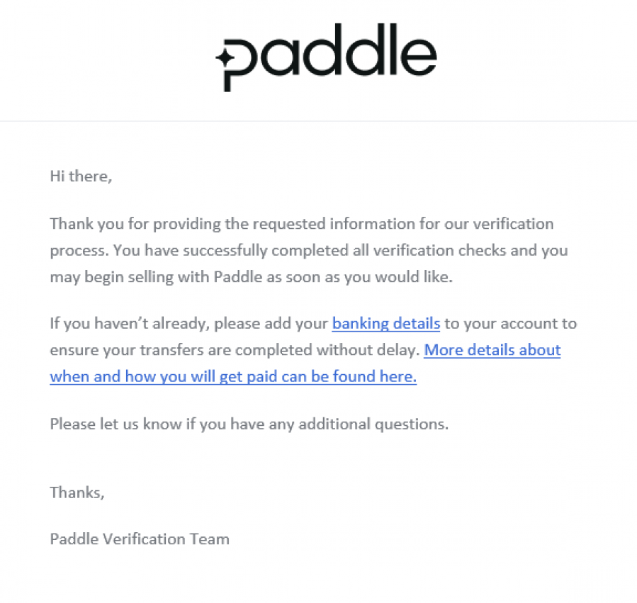 Screenshot of Email from Paddle to Confirm Verification is Complete